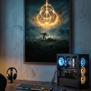 May include: A framed artwork depicting a figure with a sword beneath a glowing, circular structure. A gaming PC with illuminated fans, a keyboard, mouse, and headphones sit on a wooden desk, creating a gaming setup.
