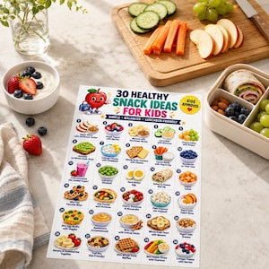 Puede incluir: Un cartel impreso titulado 30 Healthy Snack Ideas For Kids que presenta un personaje de manzana de dibujos animados y una cuadr&iacute;cula numerada de ilustraciones de alimentos. El cartel incluye descripciones de texto para varios aperitivos.