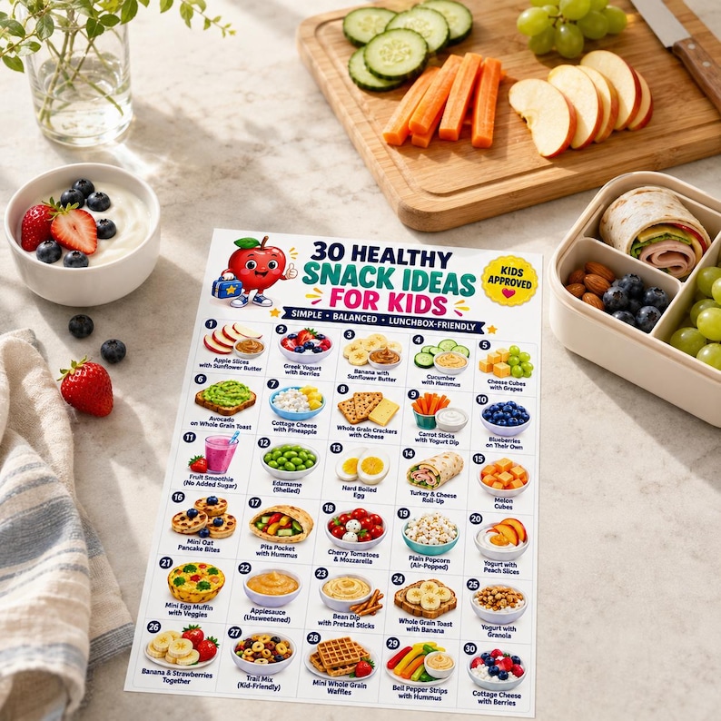 Puede incluir: Un cartel impreso titulado 30 Healthy Snack Ideas For Kids que presenta un personaje de manzana de dibujos animados y una cuadr&iacute;cula numerada de ilustraciones de alimentos. El cartel incluye descripciones de texto para varios aperitivos.