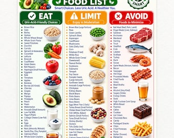 Puede incluir: Un cuadro educativo titulado Uric Acid Food List con tres columnas categorizadas como Eat, Limit y Avoid. Contiene listas de alimentos con ilustraciones correspondientes de productos, proteínas y bebidas para guiar las elecciones dietéticas.