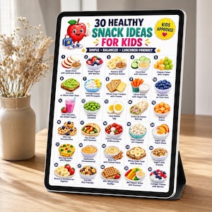 Puede incluir: Una tableta digital que muestra un gr&aacute;fico titulado 30 Healthy Snack Ideas For Kids, con una manzana de dibujos animados e ilustraciones numeradas de varias combinaciones de alimentos como frutas, yogur, queso y verduras con textos.