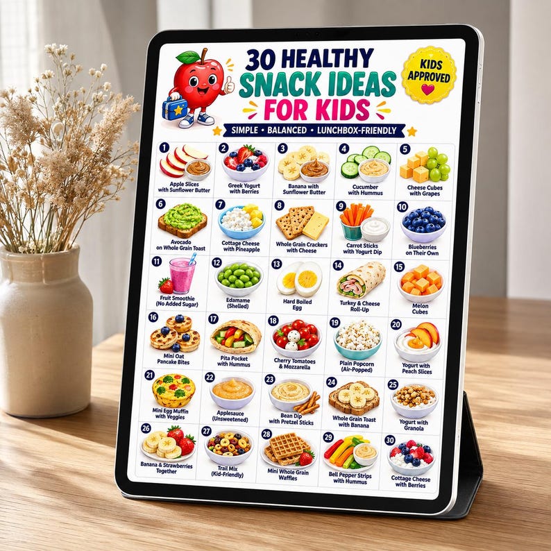 Puede incluir: Una tableta digital que muestra un gr&aacute;fico titulado 30 Healthy Snack Ideas For Kids, con una manzana de dibujos animados e ilustraciones numeradas de varias combinaciones de alimentos como frutas, yogur, queso y verduras con textos.