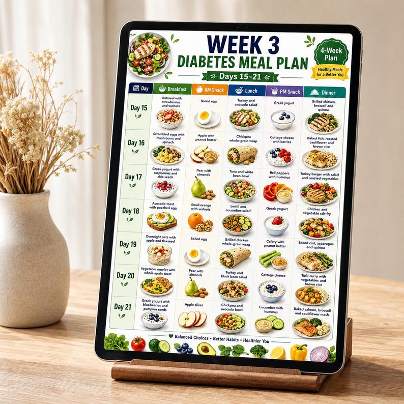 K&ouml;nnte beinhalten: Ein digitales Tablet zeigt einen 3-Wochen-Diabetes-Ern&auml;hrungsplan f&uuml;r die Tage 15-21 mit einem Raster f&uuml;r Fr&uuml;hst&uuml;ck, Snacks, Mittag- und Abendessen. Die &Uuml;bersicht enth&auml;lt Textbeschriftungen f&uuml;r t&auml;gliche Mahlzeiten, kleine Lebensmittelillustrationen und ein gr&uuml;nes 4-Week Plan-Abzeichen in der Ecke. Das Tablet steht in einem Holzst&auml;nder.