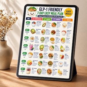 May include: A digital tablet displaying a GLP-1 Friendly 7-Day Easy Meal Plan chart. The grid features columns for breakfast, lunch, dinner, and snacks with colorful food illustrations and text descriptions for each day of the week from Monday to Sunday.