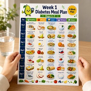 K&ouml;nnte beinhalten: Ein gedruckter Ern&auml;hrungsplan f&uuml;r die erste Woche bei Diabetes mit einer Avocado-Comicfigur, die ein Blutzuckermessger&auml;t h&auml;lt. Die Tabelle zeigt sieben Tage mit Mahlzeiten, inklusive Fr&uuml;hst&uuml;ck, Snacks, Mittag- und Abendessen mit Illustrationen.