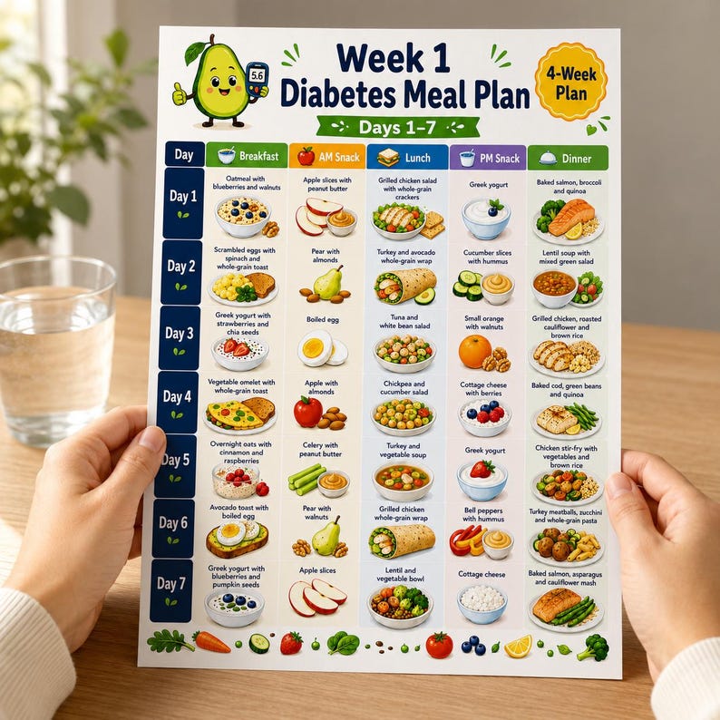 K&ouml;nnte beinhalten: Ein gedruckter Ern&auml;hrungsplan f&uuml;r die erste Woche bei Diabetes mit einer Avocado-Comicfigur, die ein Blutzuckermessger&auml;t h&auml;lt. Die Tabelle zeigt sieben Tage mit Mahlzeiten, inklusive Fr&uuml;hst&uuml;ck, Snacks, Mittag- und Abendessen mit Illustrationen.