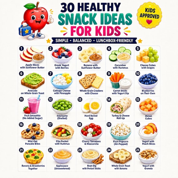Kids Healthy Snack Ideas Printable: 30 Lunchbox Snacks and Kids Food Chart PDF