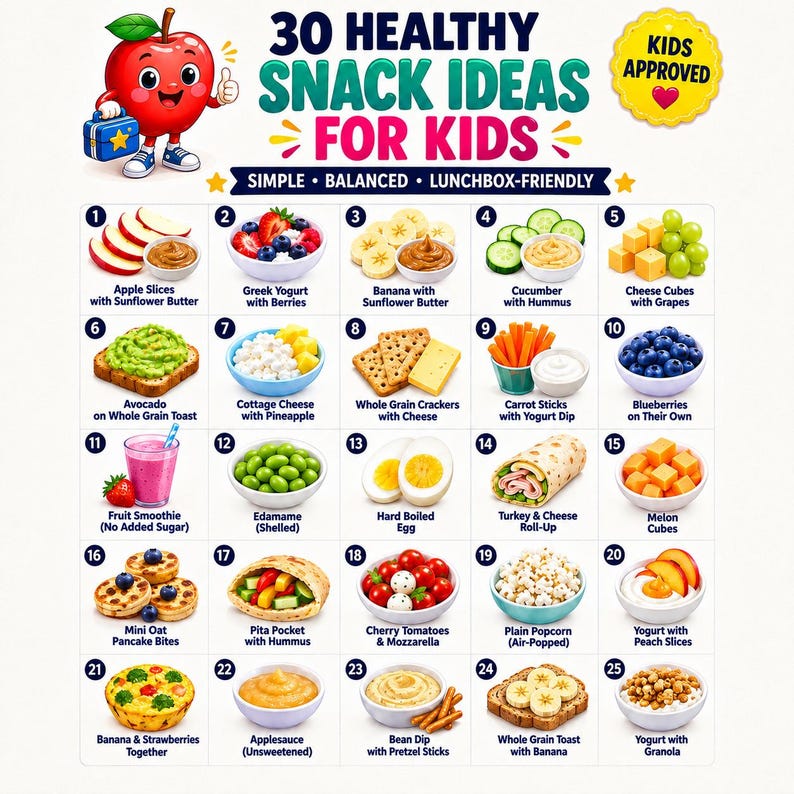 Puede incluir: Una infograf&iacute;a titulada 30 Healthy Snack Ideas For Kids que presenta un personaje de manzana de dibujos animados y una cuadr&iacute;cula numerada de 25 alimentos, incluyendo rodajas de manzana, yogur, bayas, pl&aacute;tano, pepino, hummus, queso y tostadas.
