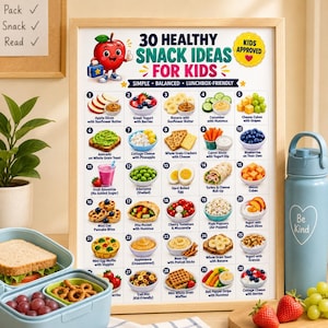 Puede incluir: Un p&oacute;ster educativo enmarcado titulado 30 Healthy Snack Ideas For Kids, que presenta un personaje de manzana de dibujos animados e ilustraciones numeradas de varios alimentos como frutas, verduras y granos, con un sello amarillo Kids Approved.