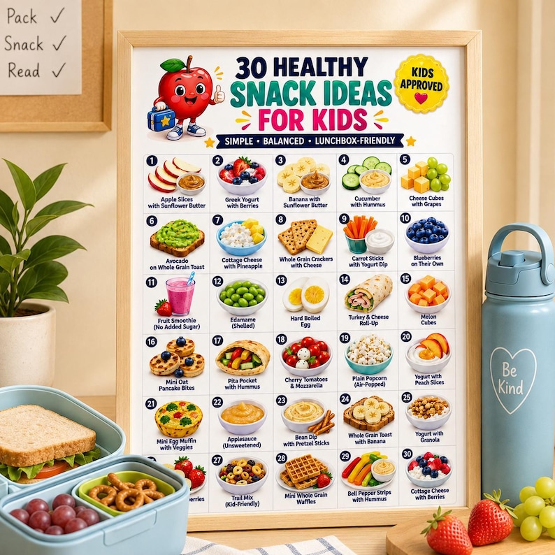 Puede incluir: Un p&oacute;ster educativo enmarcado titulado 30 Healthy Snack Ideas For Kids, que presenta un personaje de manzana de dibujos animados e ilustraciones numeradas de varios alimentos como frutas, verduras y granos, con un sello amarillo Kids Approved.