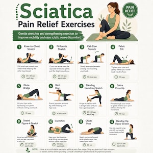 Druckbare Übungen zur Linderung von Ischiasschmerzen, Gleitdiagramm für den Ischiasnerv, Dehnübungen für den unteren Rücken, PDF-Anleitung zur Piriformis-Therapie, Leitfaden für Physiotherapeuten
