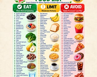 Puede incluir: Una tabla informativa titulada Constipation Relief Food List con tres columnas: Eat, Limit y Avoid. Clasifica los alimentos según su contenido en fibra y su impacto en la salud, con ilustraciones de frutas, verduras, cereales y productos procesados.