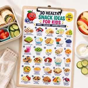 Puede incluir: Un portapapeles con una lista impresa titulada 30 Healthy Snack Ideas For Kids con ilustraciones numeradas de varios alimentos, incluyendo frutas, verduras, granos y l&aacute;cteos, junto a un personaje de manzana de dibujos y una insignia amarilla Kids Approved.