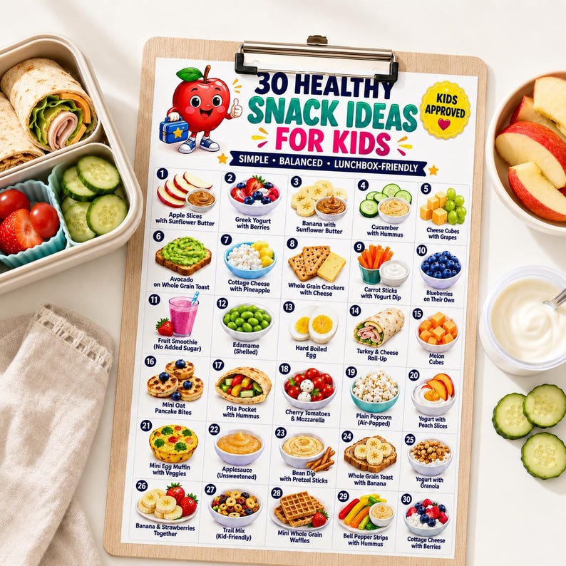 Puede incluir: Un portapapeles con una lista impresa titulada 30 Healthy Snack Ideas For Kids con ilustraciones numeradas de varios alimentos, incluyendo frutas, verduras, granos y l&aacute;cteos, junto a un personaje de manzana de dibujos y una insignia amarilla Kids Approved.