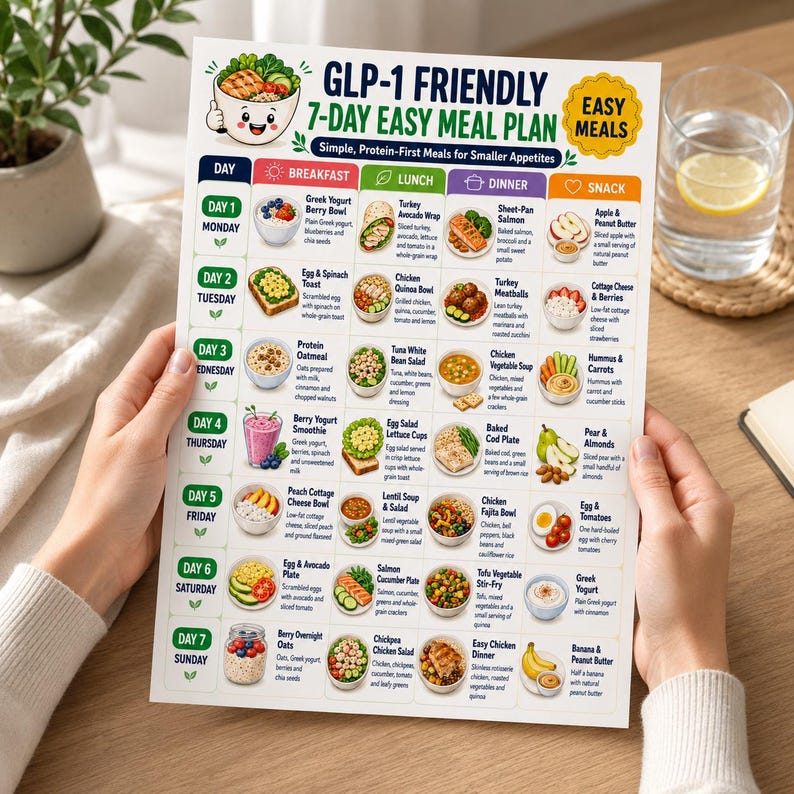 May include: A printed 7-day meal plan chart titled GLP-1 Friendly 7-Day Easy Meal Plan. The document features a grid layout with columns for breakfast, lunch, dinner, and snacks, each containing small illustrations of food items and text descriptions.
