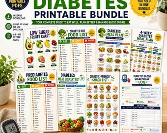 Puede incluir: Un paquete digital de ocho documentos PDF imprimibles para el control de la diabetes, que incluye tablas, listas de alimentos, planes de comidas y un registro de glucosa en sangre. Las páginas presentan ilustraciones coloridas de frutas, verduras y aperitivos, con títulos claros y tablas organizadas para el seguimiento de la información de salud diaria.