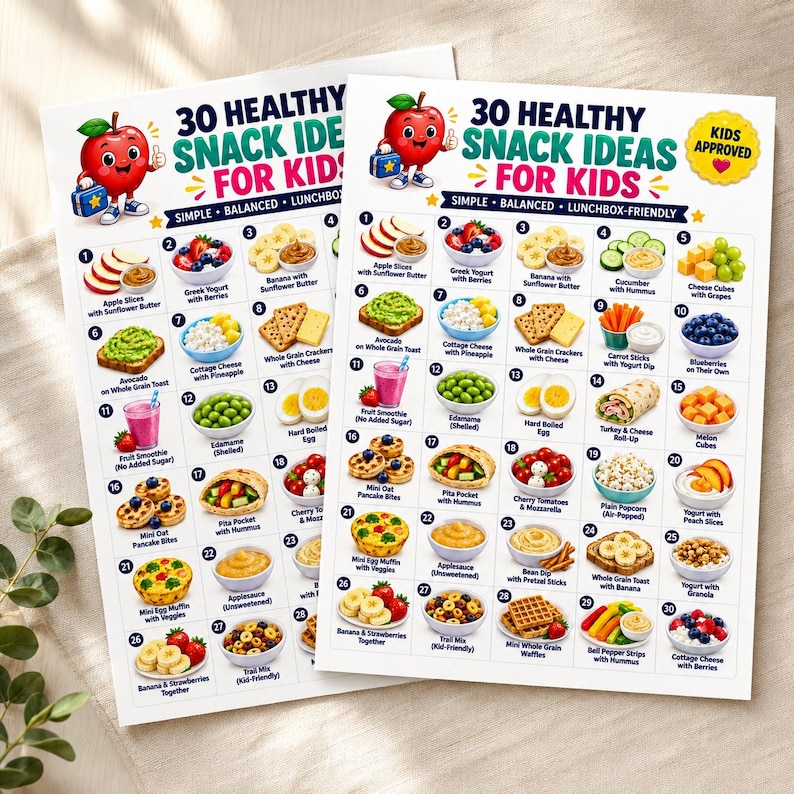 Puede incluir: Dos fichas informativas blancas id&eacute;nticas tituladas 30 Healthy Snack Ideas for Kids, con un personaje de manzana de dibujos animados y una insignia amarilla de Kids Approved. Cada ficha muestra una cuadr&iacute;cula numerada de treinta ilustraciones de alimentos.