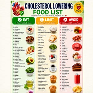Könnte beinhalten: Eine Liste zur Cholesterinsenkung mit drei Spalten, beschriftet als Eat, Limit und Avoid. Die Grafik enthält Textlisten mit Lebensmitteln, Illustrationen eines menschlichen Herzens sowie verschiedene Bilder von Lebensmitteln wie Haferflocken.