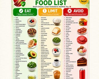 Puede incluir: Una tabla de lista de alimentos para reducir el colesterol con tres columnas etiquetadas como Eat, Limit y Avoid. La tabla presenta listas de texto de alimentos, ilustraciones de un corazón humano y varias imágenes de alimentos como avena.