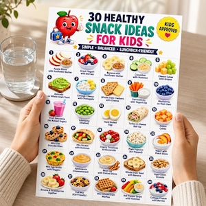 Puede incluir: Un p&oacute;ster informativo blanco titulado 30 Healthy Snack Ideas For Kids que presenta un personaje de manzana de dibujos animados y una cuadr&iacute;cula numerada de treinta ilustraciones de alimentos con etiquetas de texto para cada bocadillo.