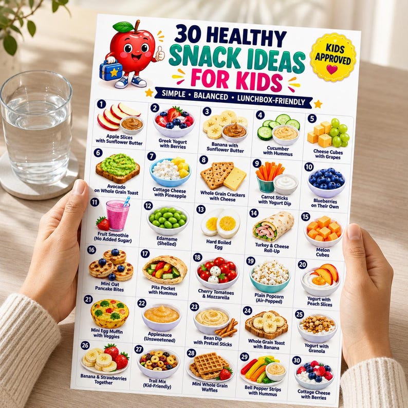 Puede incluir: Un p&oacute;ster informativo blanco titulado 30 Healthy Snack Ideas For Kids que presenta un personaje de manzana de dibujos animados y una cuadr&iacute;cula numerada de treinta ilustraciones de alimentos con etiquetas de texto para cada bocadillo.