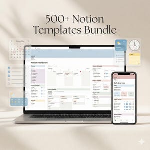 Può includere: Un laptop, uno smartphone e widget digitali visualizzano una dashboard e modelli di Notion. Lo schermo mostra un pianificatore, un tracker di progetti e un programma settimanale. Lo smartphone mostra una panoramica giornaliera. Il testo recita "500+ Notion Templates Bundle."