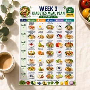 K&ouml;nnte beinhalten: Ein gedruckter Ern&auml;hrungsplan f&uuml;r Diabetiker f&uuml;r Woche 3, Tage 15-21, mit einem Rasterlayout f&uuml;r t&auml;gliche Fr&uuml;hst&uuml;cks-, Snack-, Mittags- und Abendessen-Vorschl&auml;ge, inklusive Text und verschiedenen Abbildungen von Lebensmitteln.