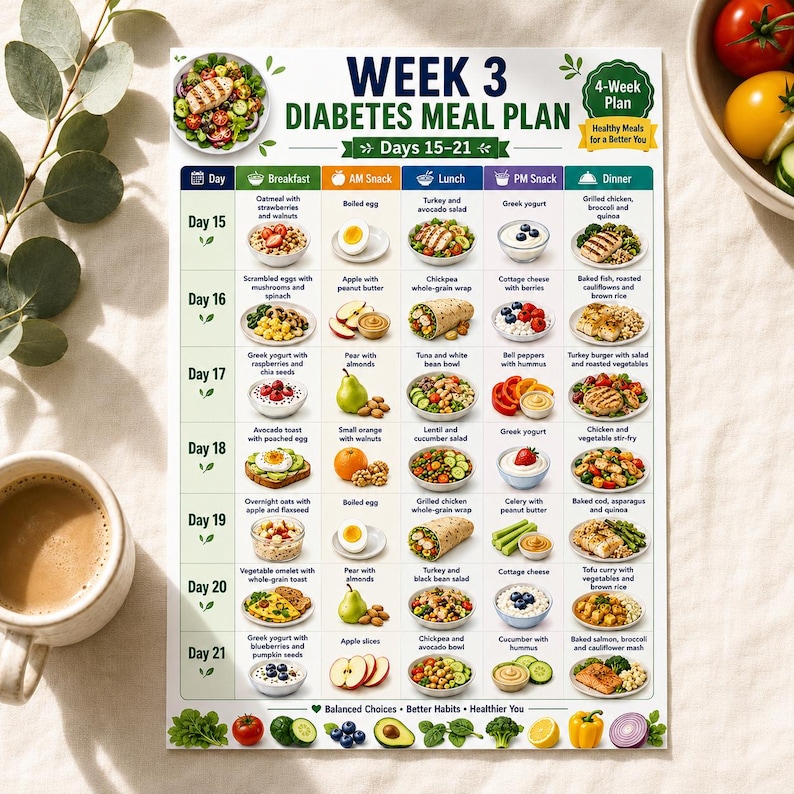 K&ouml;nnte beinhalten: Ein gedruckter Ern&auml;hrungsplan f&uuml;r Diabetiker f&uuml;r Woche 3, Tage 15-21, mit einem Rasterlayout f&uuml;r t&auml;gliche Fr&uuml;hst&uuml;cks-, Snack-, Mittags- und Abendessen-Vorschl&auml;ge, inklusive Text und verschiedenen Abbildungen von Lebensmitteln.