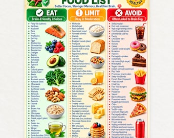 Puede incluir: Una tabla nutricional titulada Brain-Boosting Food List con tres columnas: Eat, Limit y Avoid. Incluye ilustraciones de salmón, bayas, aguacate, brócoli, nueces, avena, té, pan, cereales, zumo, queso, galletas, refrescos, donuts, pastel, patatas fritas, hamburguesas, pizza y una lata.
