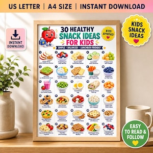 Puede incluir: Un p&oacute;ster digital titulado 30 Healthy Snack Ideas For Kids que presenta un personaje de manzana de dibujos animados y una cuadr&iacute;cula numerada de treinta ilustraciones de alimentos con descripciones, disponible para descarga en A4 y US Letter.