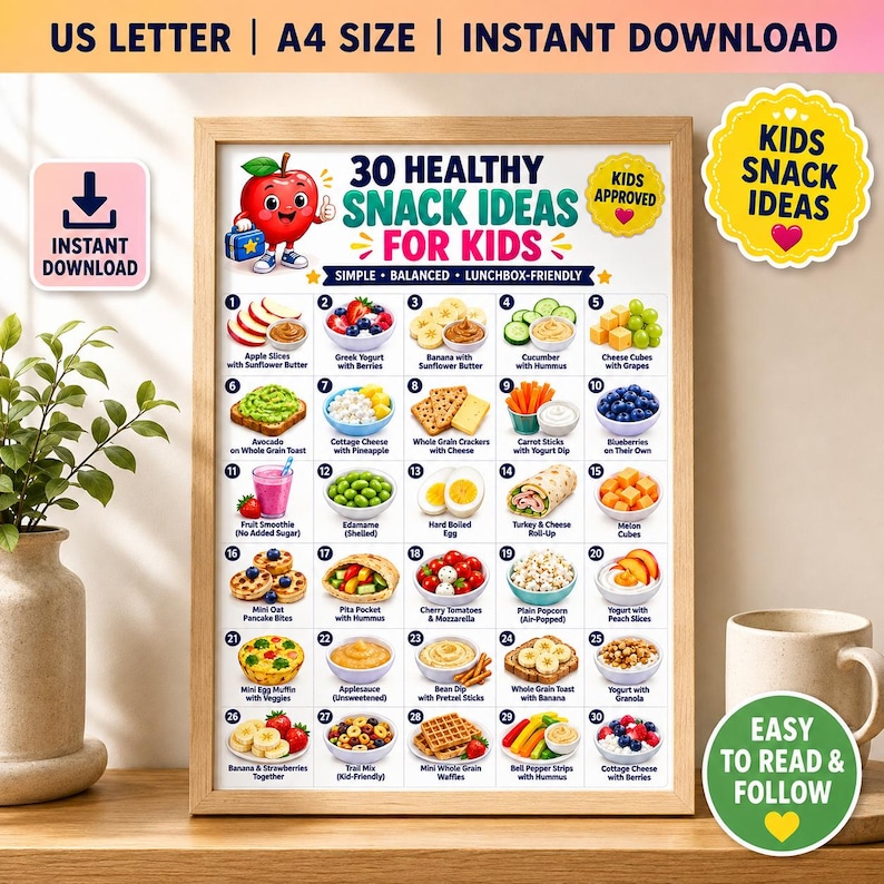 Puede incluir: Un p&oacute;ster digital titulado 30 Healthy Snack Ideas For Kids que presenta un personaje de manzana de dibujos animados y una cuadr&iacute;cula numerada de treinta ilustraciones de alimentos con descripciones, disponible para descarga en A4 y US Letter.