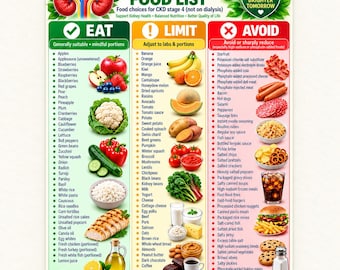 Puede incluir: Una tabla de lista de alimentos para la etapa 4 de la ERC con tres columnas tituladas Eat, Limit y Avoid. El gráfico incluye ilustraciones de varios alimentos, marcas de verificación, signos de exclamación y símbolos X para clasificar las opciones.