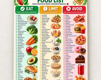 Puede incluir: Una tabla de lista de alimentos para el colesterol con tres columnas codificadas por colores etiquetadas como Eat, Limit y Avoid. El gráfico incluye ilustraciones de alimentos saludables, opciones moderadas y alimentos a evitar, junto con listas.
