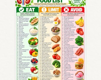 Puede incluir: Una tabla de alimentos para ERC etapa 5 con tres columnas tituladas Eat, Limit y Avoid. Incluye listas de alimentos, ilustraciones de frutas, verduras y comidas preparadas, y un gráfico de un riñón en la parte superior.