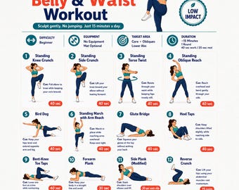 Puede incluir: Una infografía titulada Low Impact Belly & Waist Workout que presenta doce ilustraciones de ejercicios numerados. Incluye una duración de 15 minutos, nivel principiante, sin necesidad de equipo y pautas específicas para cada movimiento.
