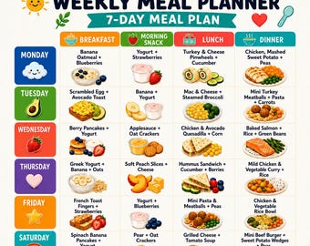 Puede incluir: Un planificador semanal de comidas para niños pequeños con un horario de 7 días de lunes a domingo. La cuadrícula muestra opciones diarias de desayuno, merienda, almuerzo y cena con ilustraciones de alimentos y etiquetas de texto.