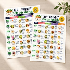 May include: Two identical white paper sheets featuring a GLP-1 Friendly 7-Day Easy Meal Plan. The grid layout includes columns for breakfast, lunch, dinner, and snacks, with colorful illustrations of food items and text for each day of the week.