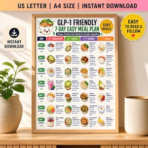 May include: A printed 7-day meal plan chart titled GLP-1 Friendly 7-Day Easy Meal Plan. The document features a grid layout with daily rows from Monday to Sunday, categorized by breakfast, lunch, dinner, and snack, each with food illustrations.