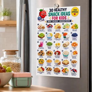 Puede incluir: Un cartel magn&eacute;tico rectangular titulado 30 Healthy Snack Ideas For Kids, que presenta un personaje de manzana de dibujos animados y una lista numerada de alimentos como rodajas de manzana, yogur y fruta, con una insignia amarilla Kids Approved.