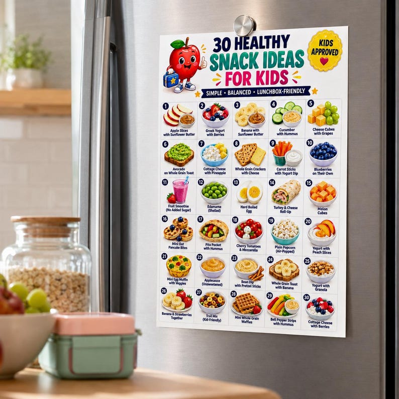 Puede incluir: Un cartel magn&eacute;tico rectangular titulado 30 Healthy Snack Ideas For Kids, que presenta un personaje de manzana de dibujos animados y una lista numerada de alimentos como rodajas de manzana, yogur y fruta, con una insignia amarilla Kids Approved.