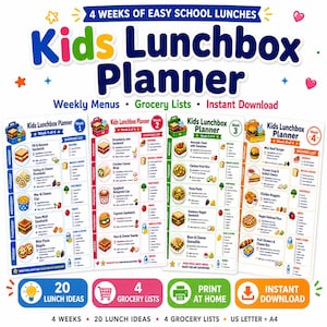 Könnte beinhalten: Ein digitaler Planer für Kinder-Lunchboxen mit vier Wochen Essensplänen, Einkaufslisten und Mittagsideen. Das farbenfrohe Layout enthält tägliche Menüs mit Lebensmittelillustrationen, Checkboxen für Einkäufe und Beschriftungen für jede Woche.