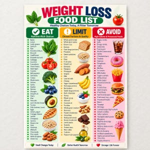 Peut inclure: Un tableau de liste d'aliments pour la perte de poids avec trois colonnes verticales intitulées Eat, Limit et Avoid. Le tableau présente des illustrations de divers aliments comme des épinards, tomates, brocolis, avocat, pain, bananes, beignets, frites, burgers et glaces.