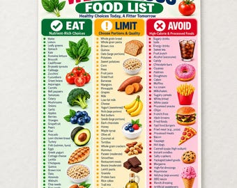 Puede incluir: Una tabla de lista de alimentos para perder peso con tres columnas verticales etiquetadas como Eat, Limit y Avoid. La tabla presenta ilustraciones de varios alimentos como espinacas, tomates, brócoli, aguacate, pan, plátanos, donas, papas fritas, hamburguesas y helados.