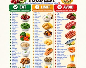 Puede incluir: Una infografía educativa titulada Gout Diet Food List con tres columnas categorizadas como Eat, Limit y Avoid. Incluye listas de alimentos con ilustraciones correspondientes, un sello de Gout Friendly y el texto Smart Choices for Less Uric Acid.