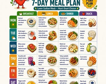 Puede incluir: Un plan de comidas de 7 días para insuficiencia cardíaca con un personaje de corazón de dibujos animados y un horario diario de desayuno, almuerzo, cena y meriendas. La cuadrícula incluye descripciones de texto e ilustraciones de alimentos.