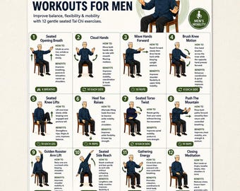 Puede incluir: Un póster de Tai Chi Chair Workouts for Men con doce ilustraciones de ejercicios numerados. Cada sección incluye un título, instrucciones y beneficios para movimientos sentados. Arriba se muestra a una persona con camisa oscura sentada.
