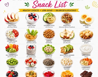 May include: A visual chart titled DIABETIC-FRIENDLY Snack List featuring twenty small bowls or plates of food items including apple slices with peanut butter, Greek yogurt with berries, cucumber slices with hummus, mixed nuts, and hard boiled eggs.