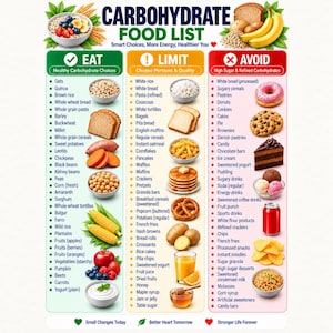 Puede incluir: Una tabla de lista de alimentos con carbohidratos titulada Carbohydrate Food List, Smart Choices, More Energy, Healthier You. Presenta tres columnas: Eat con marca verde, Limit con exclamación naranja y Avoid con equis roja.
