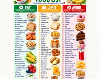 Puede incluir: Una tabla de lista de alimentos con carbohidratos titulada Carbohydrate Food List, Smart Choices, More Energy, Healthier You. Presenta tres columnas: Eat con marca verde, Limit con exclamación naranja y Avoid con equis roja.