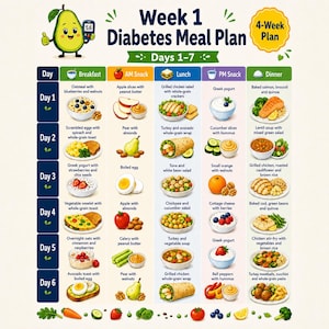 K&ouml;nnte beinhalten: Ein Wochenplan f&uuml;r Diabetes-Mahlzeiten mit einer Avocado-Cartoonfigur, die ein Blutzuckermessger&auml;t h&auml;lt. Die Tabelle zeigt t&auml;gliche Fr&uuml;hst&uuml;cks-, Snack-, Mittags- und Abendessenoptionen mit Illustrationen von Gerichten wie Haferflocken und Salaten.